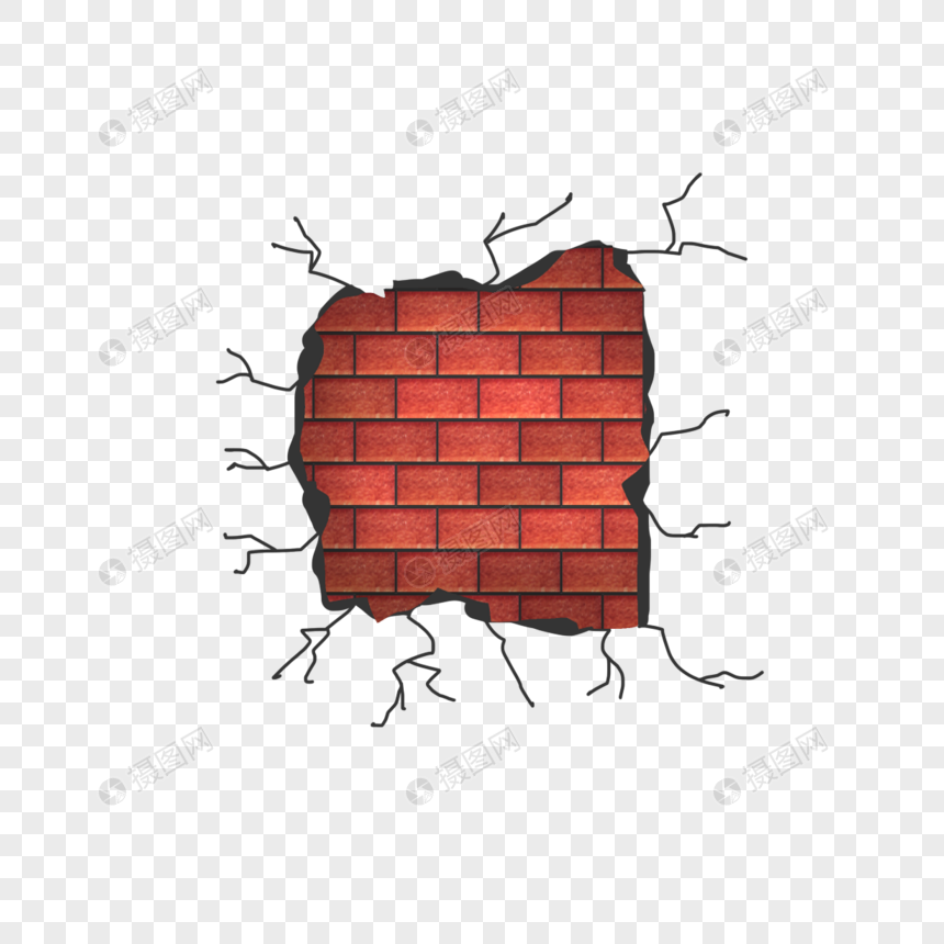 红色破碎砖墙裂缝图片