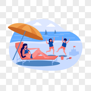 夏季假期旅行沙滩上母亲和两个孩子概念插画图片