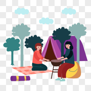 夏季露营紫色帐篷和野餐图片