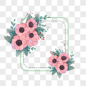 粉色水彩银莲花花卉婚礼边框图片