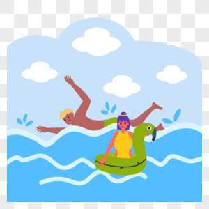 海上游泳的夏季海边人物插画图片