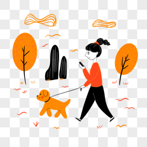 玩手机女孩遛狗抽象插画图片