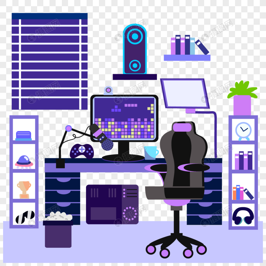 紫色科技类平面游戏室内房间插图图片