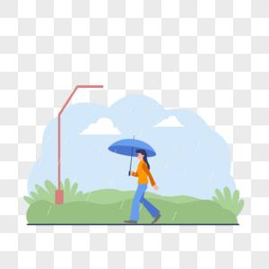 雨天打伞走在草丛间的女人插画图片