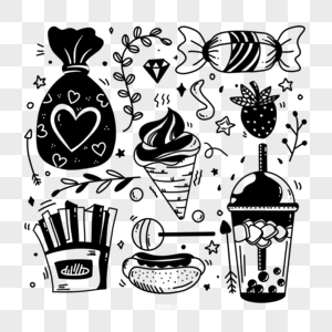 甜品饮料食物单线黑白涂鸦图片