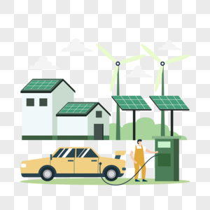 太阳能电池板风车发电汽车环保绿色能源概念插画图片