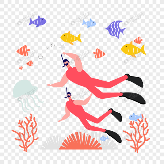 游泳人物水下彩色小鱼图片
