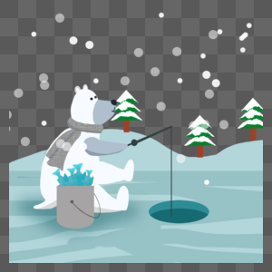 熊圣诞节冰上钓鱼插画图片