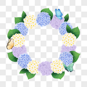 绣球花卉水彩自然蝴蝶圆形边框图片