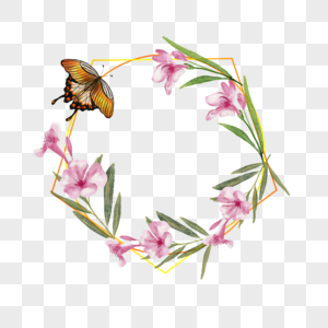 花卉金线边框蝴蝶水彩风格淡粉图片