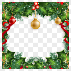 金色卡通铃铛红色丝带圣诞冬青边框图片