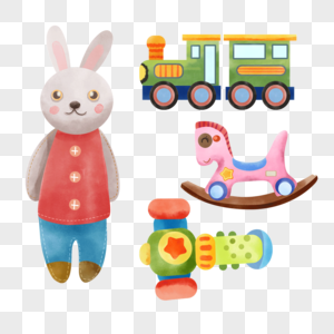 水彩婴儿儿童玩具木偶兔子马和火车图片