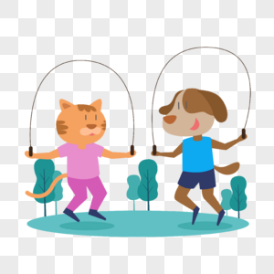 跳绳运动插画卡通猫和狗一起跳绳运动图片