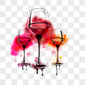 三个葡萄酒红酒飞溅酒杯水彩图片