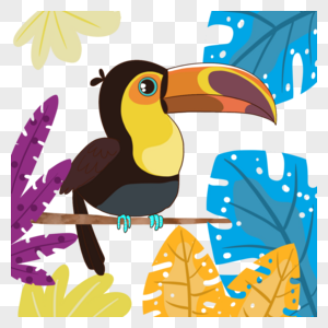 热带夏季卡通巨嘴鸟彩色树叶图片