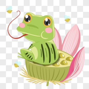 夏季卡通可爱坐在荷花上吃虫青蛙图片