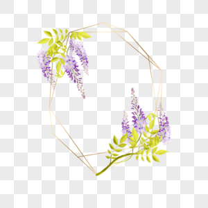 水彩紫藤花卉金色边框图片