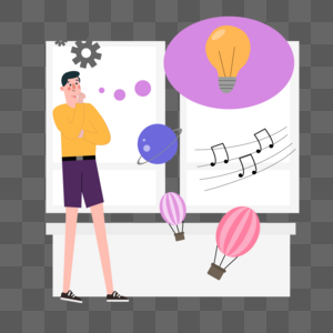 灯泡热气球和齿轮人物思考创意概念插画图片