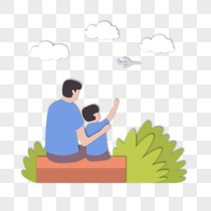 剪纸风格父亲节父子两个草丛坐着背影图片