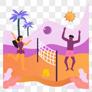 卡通沙滩排球夏季海边人物插画图片