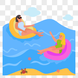 坐着泳圈漂流夏季海边人物插画图片