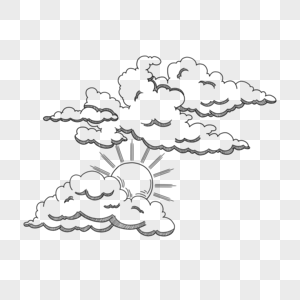 黑白素描天气雕刻风格太阳云朵图片