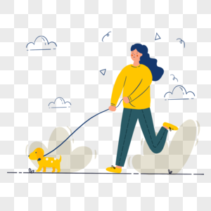 一个正在走路的女人在公园遛狗抽象插画高清图片
