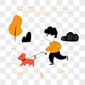 小男孩公园遛狗抽象插画图片