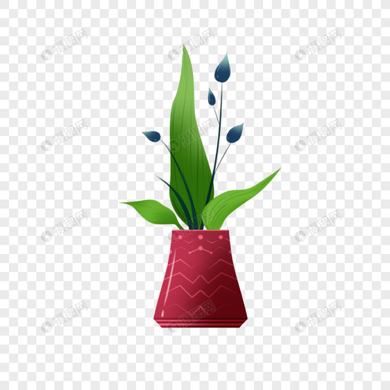 红色花瓶绿色植物盆栽图片