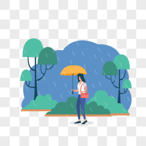 雨天打伞挎包走在草丛间的女人插画图片