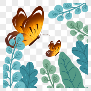 春季蝴蝶绿叶装饰插画图片