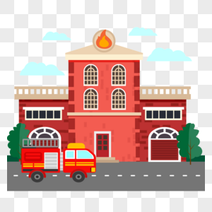 消防站红色建筑消防车高清图片