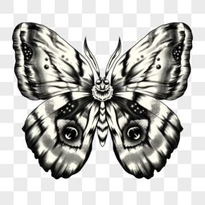 飞蛾纹身绘画风格翅膀带有眼状图案黑白色图片