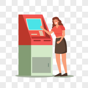 年轻女人atm机器存钱概念插画图片