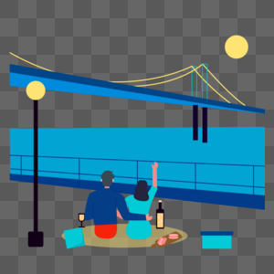 夜晚休闲活动彩色卡通江边野餐的情侣图片