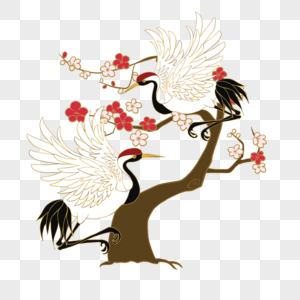 仙鹤在桃树下传统风格飞舞白色图片