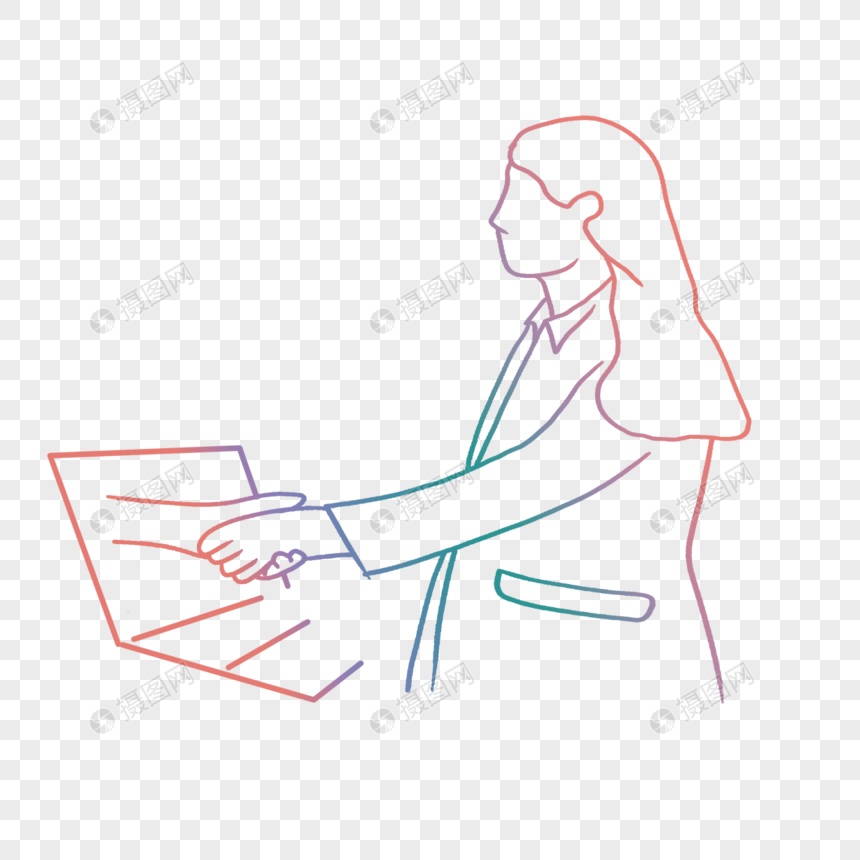 彩色线条画商务合作电脑前的女人图片