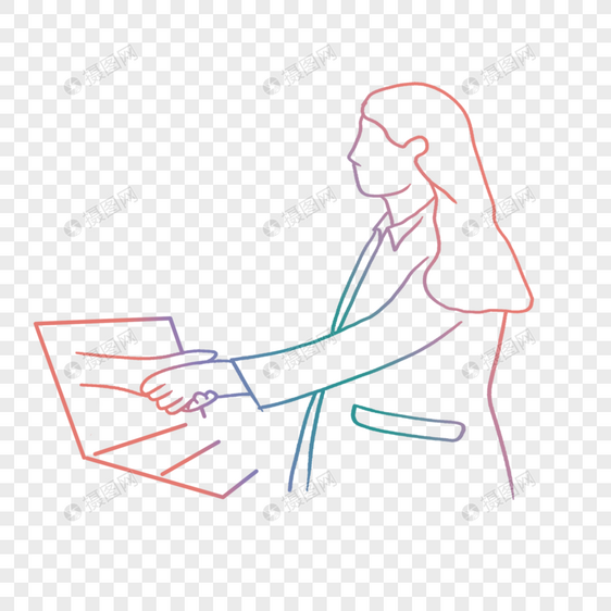 彩色线条画商务合作电脑前的女人图片