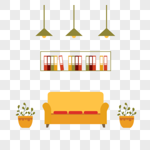 客厅房间起居室扁平风格黄色沙发吊灯书架图片