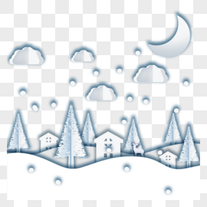冬季圣诞剪纸云朵月亮木屋雪地高清图片