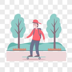 街头滑板运动人物插画戴帽子背书包玩滑板的少年图片