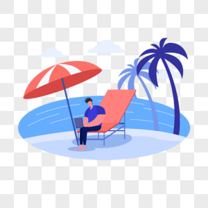 夏季假期旅行海滩遮阳伞下坐在沙滩椅上工作概念插画图片