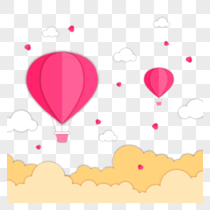 玫红色飞翔的爱心剪纸热气球图片