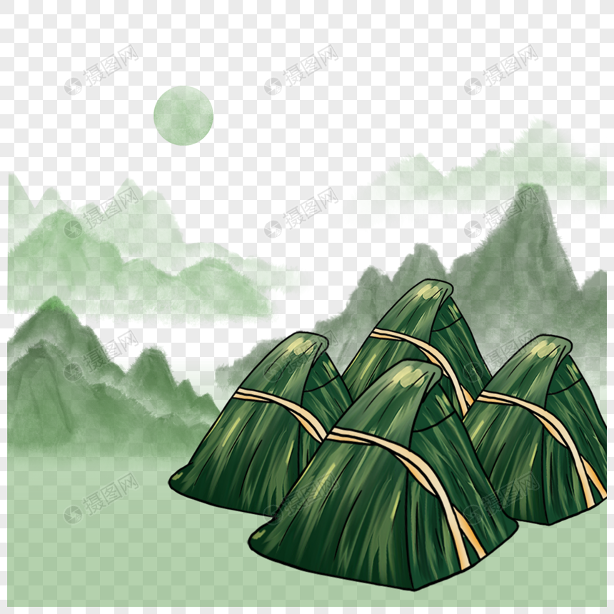 深绿色山峰端午水墨粽子边框图片