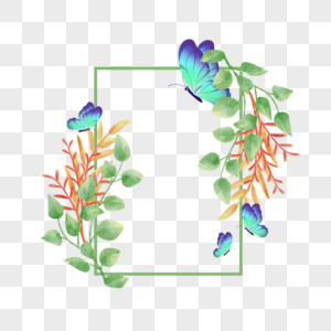 植物枝叶蝴蝶水彩边框图片