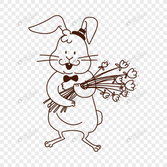卡通线稿兔子拿着花图片
