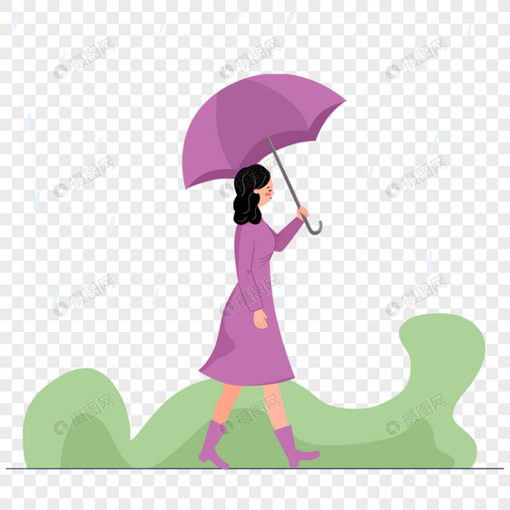 拿着雨伞的卷发女孩雨中打伞插画图片