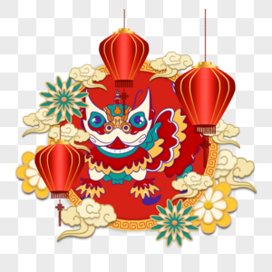 农历春节舞狮边框红色灯笼图片