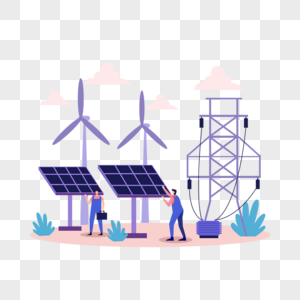 风力发电太阳能电池板环保绿色能源概念插画图片