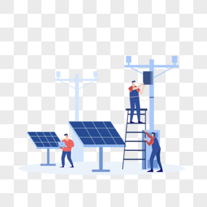 户外太阳能电板电塔工人环保绿色能源概念插画图片
